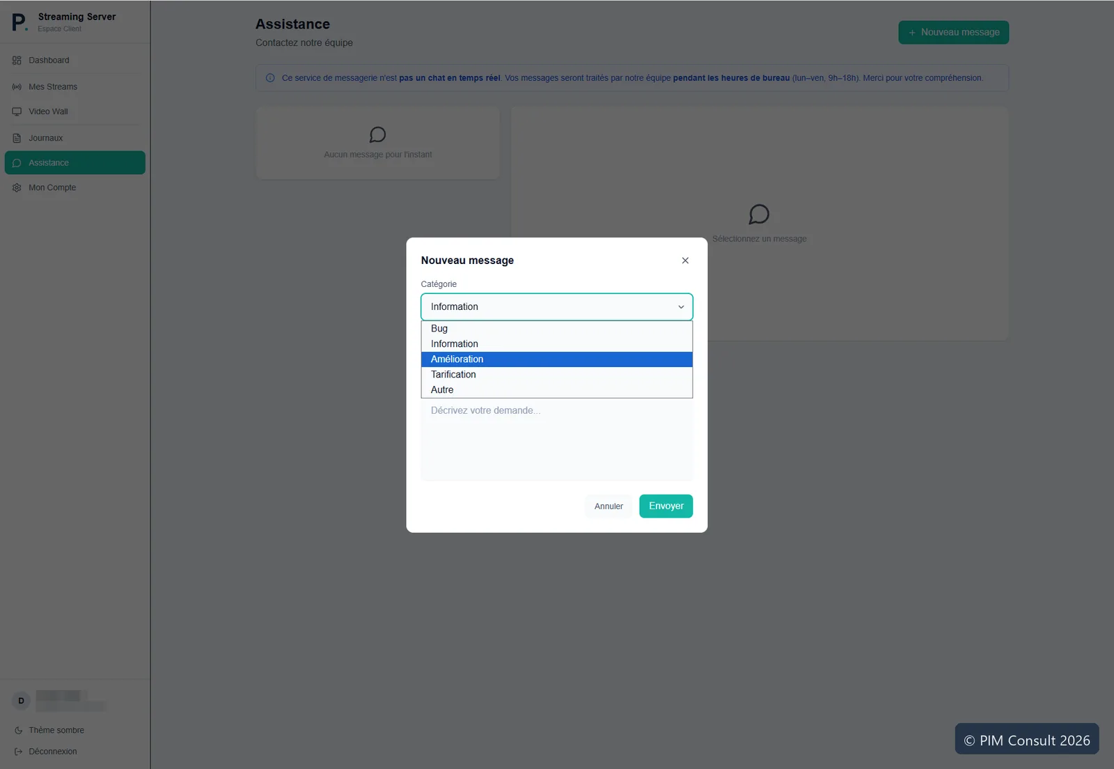 Écran Assistance : nouveau message avec choix de la catégorie