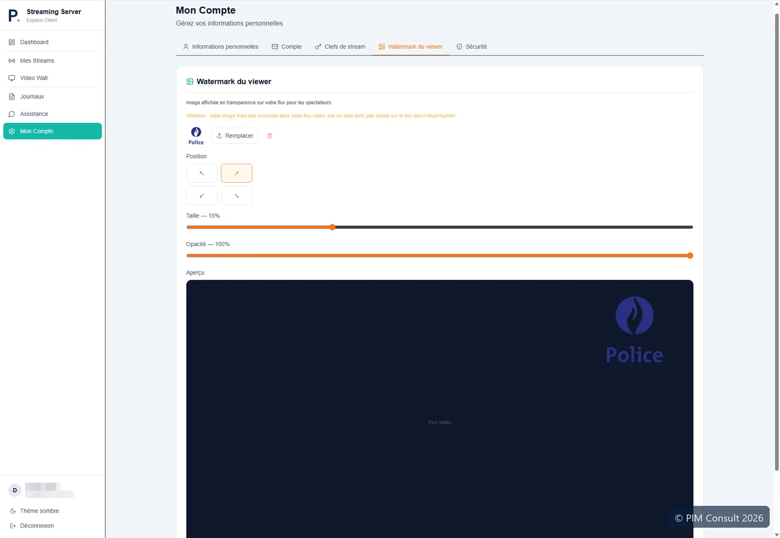 Filigrane du viewer : logo, position, taille, opacité et aperçu sur le flux